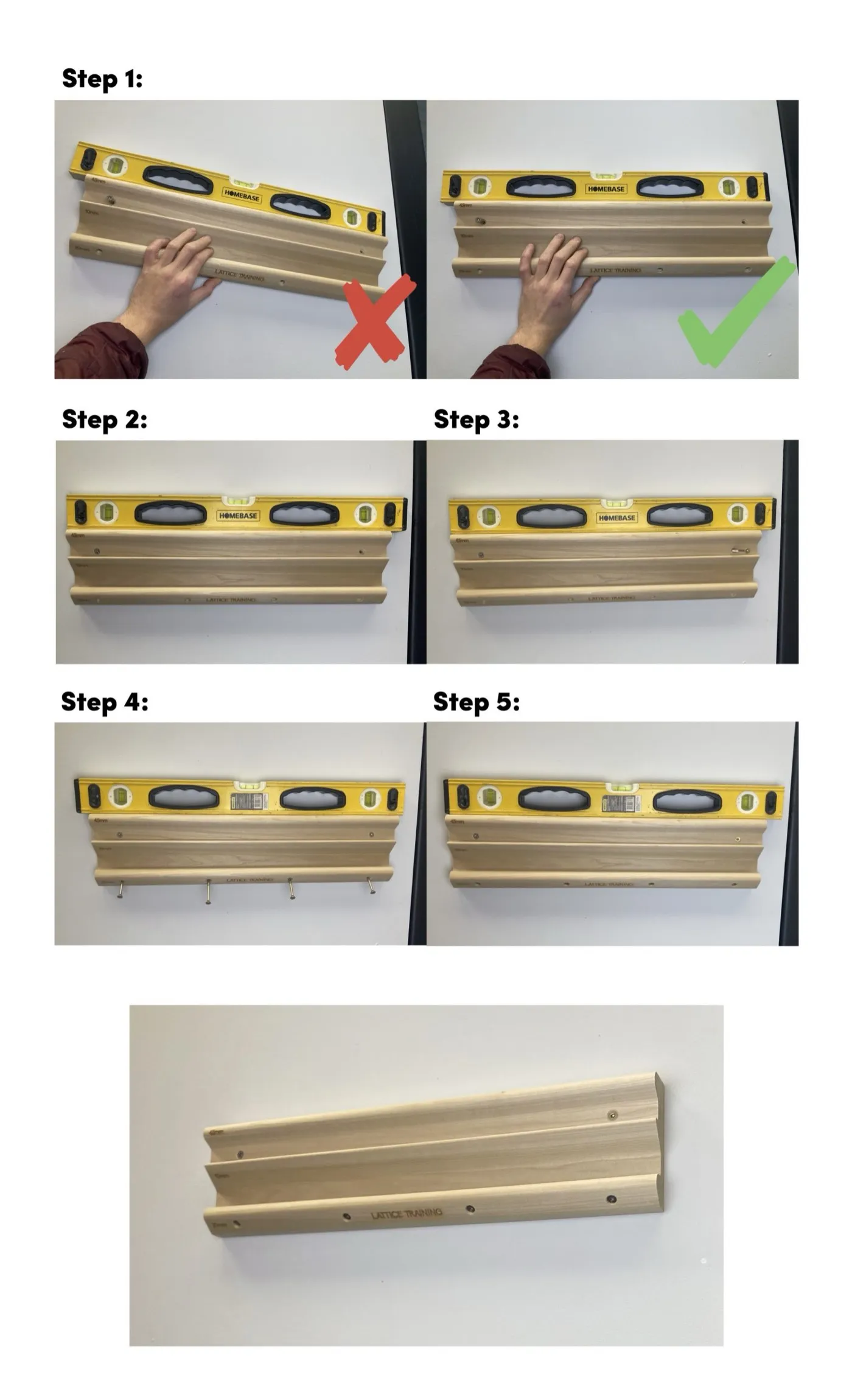Five-step sequence showing a Triple Rung being levelled with a spirit level and fixed with screws, including a tick and cross comparison of a level and an off-level board