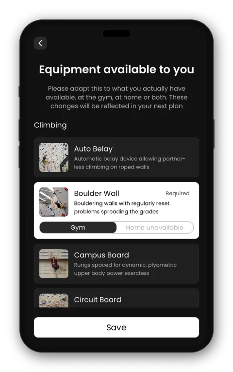 Setting your available equipment