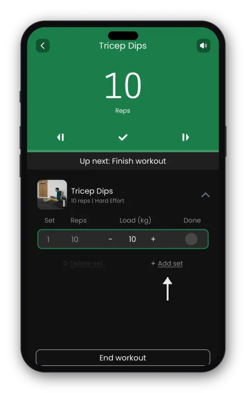 Adding a set from the timer screen